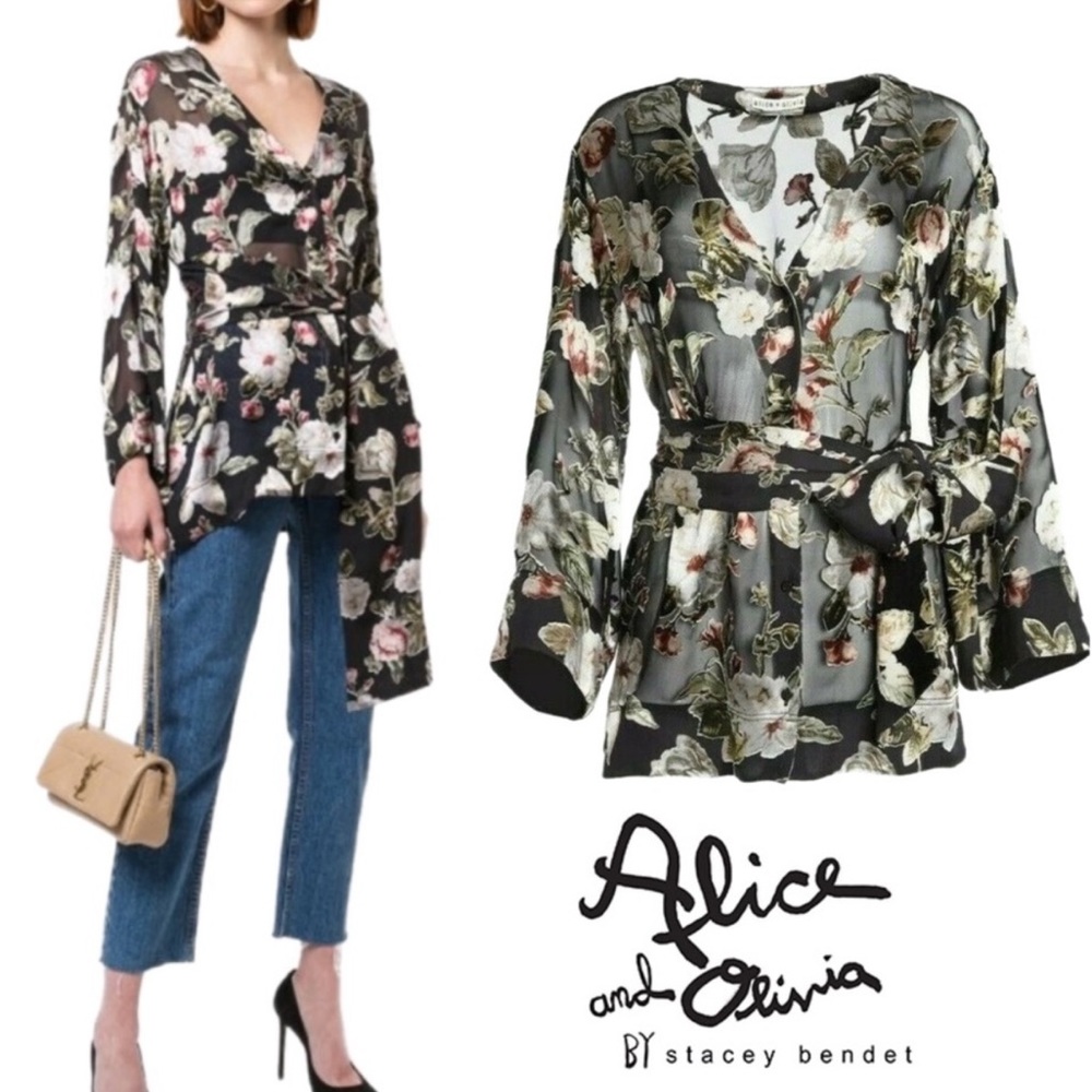 Alice + Olivia Hazy Floral Tie Sheer Kimono Blouse size XS